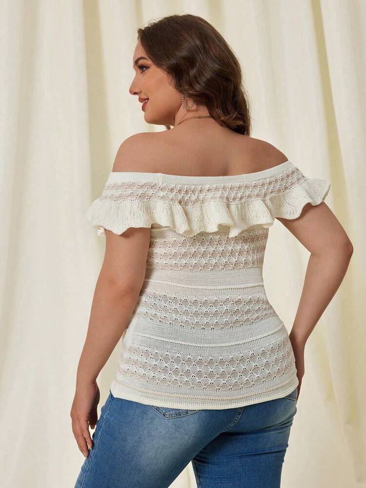 Plus Size Spring Summer Casual Solid Color Off Shoulder Ruffle Trim Slim Fit Knit Top