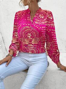 SHEIN LUNE 女式缺口领全印花夏季休闲度假衬衫