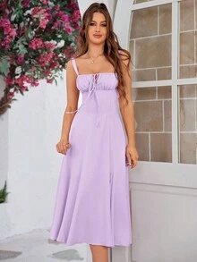 PARTHEA 露背交叉花邊束褶撐骨緊身束腰連衣裙 - 淡紫色 - 查看 7