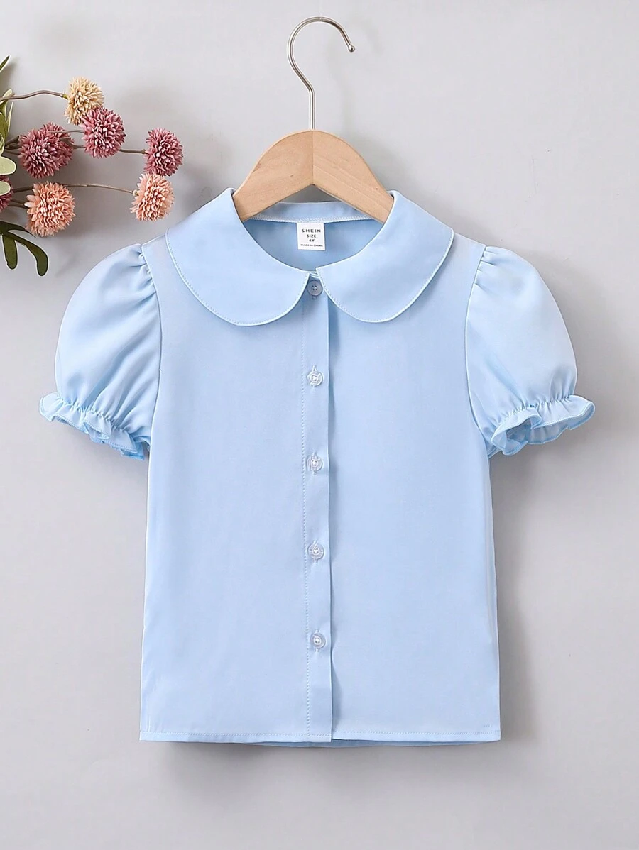 SHEIN Elladie kids 年輕女孩純色簡約日常襯衫 - 淺藍色 - 查看 1