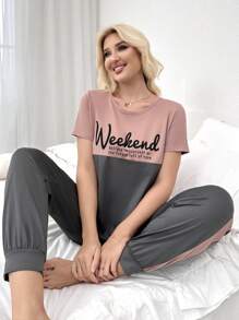 Color Block Slogan Print Short Sleeve And Long Pants Pyjamas Set - Multicolor - View 4