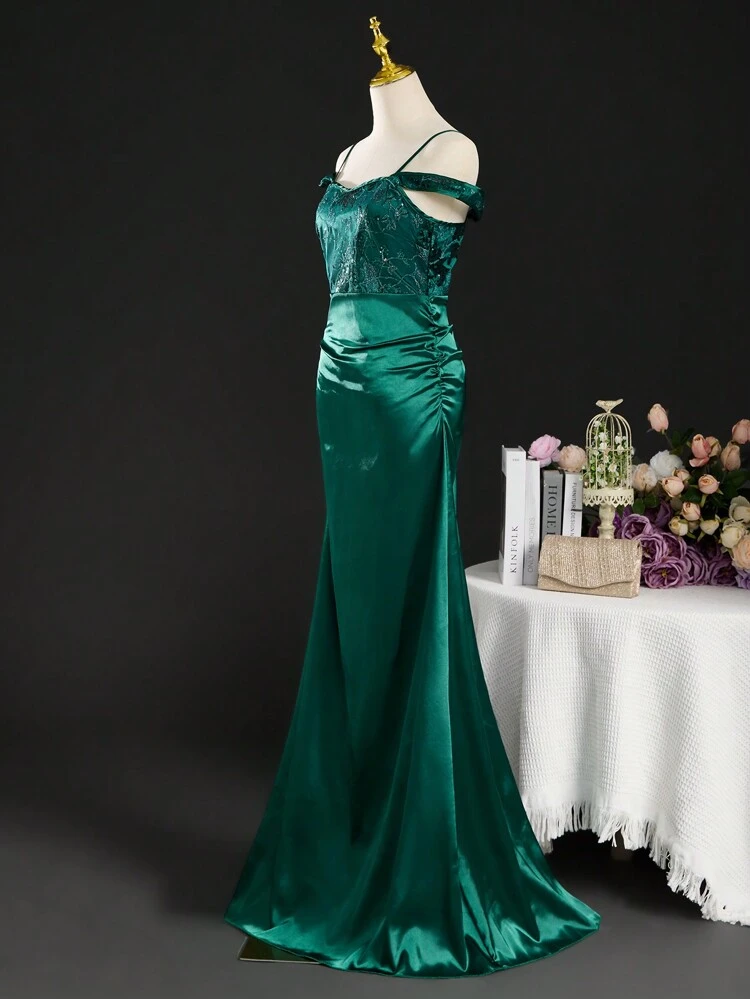 Wedding Season Off-Shoulder Strap Sequin & Lace Decorated High-End Glossy Formal Dress For Wedding, Party And Birthday Celebration
