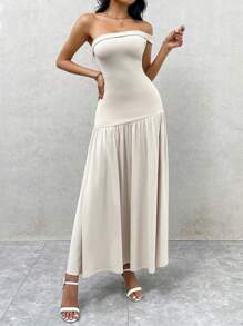 SHEIN Privé Women's Elegant Summer Off-White Midi Dress,Asymmetrical Neck Ruffles Cinched Waist A-Line Party Dress For Vacation,Date,Wedding,Homecoming & Brunch - Apricot - View 6