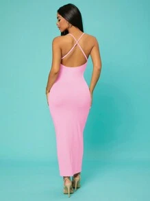 SHEIN SXY Prom Dress;Women's Summer Solid Color Simple Long Bodycon Slip Dress,Pastel Dresses For Women - Watermelon Pink - View 3