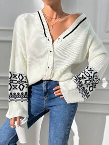 RueChic V Neck Cardigan With Boho Pattern Casual - Apricot - View 4