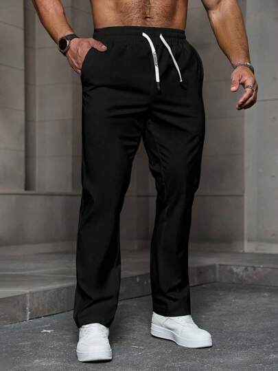 Manfinity LEGND Men's Solid Color Drawstring Waist Pocketed Casual Pants, Men's Black Pants, Men's Straight Leg Pants, Men's Casual Pants, Men's Sweatpants, For Fall