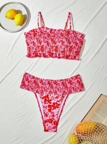 Swim Mod 女士度假海滩植物印花褶皱比基尼套装，适合夏季海滩 - 彩色 - 查看 2