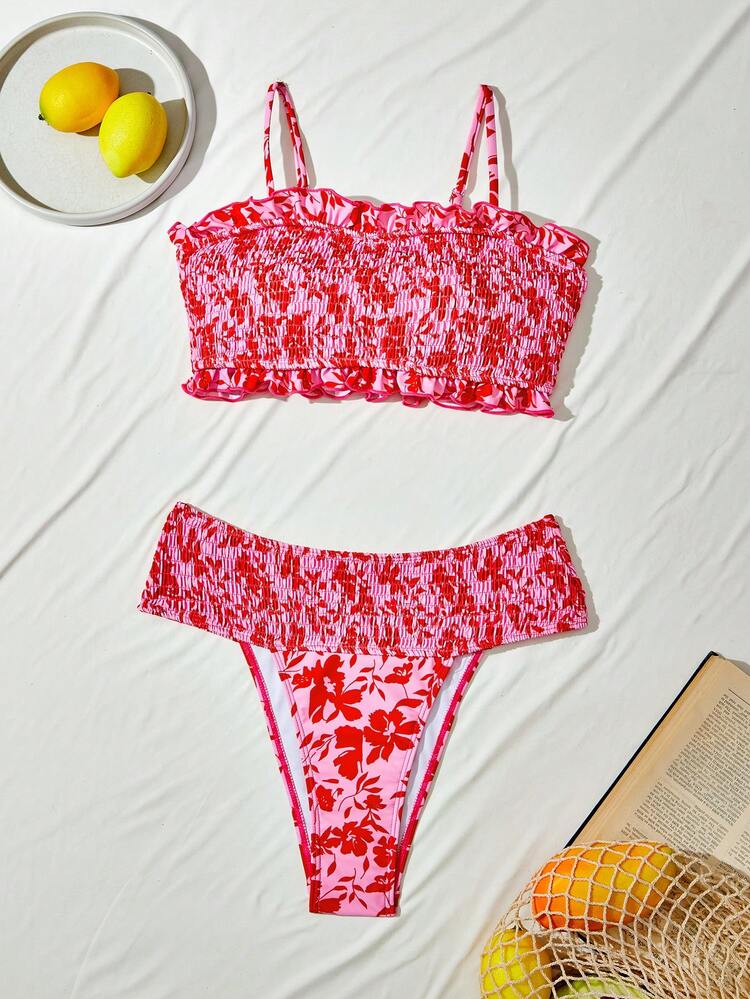 Women Vacation Beach Plant Print Shirred Bikini Set For Summer Beach