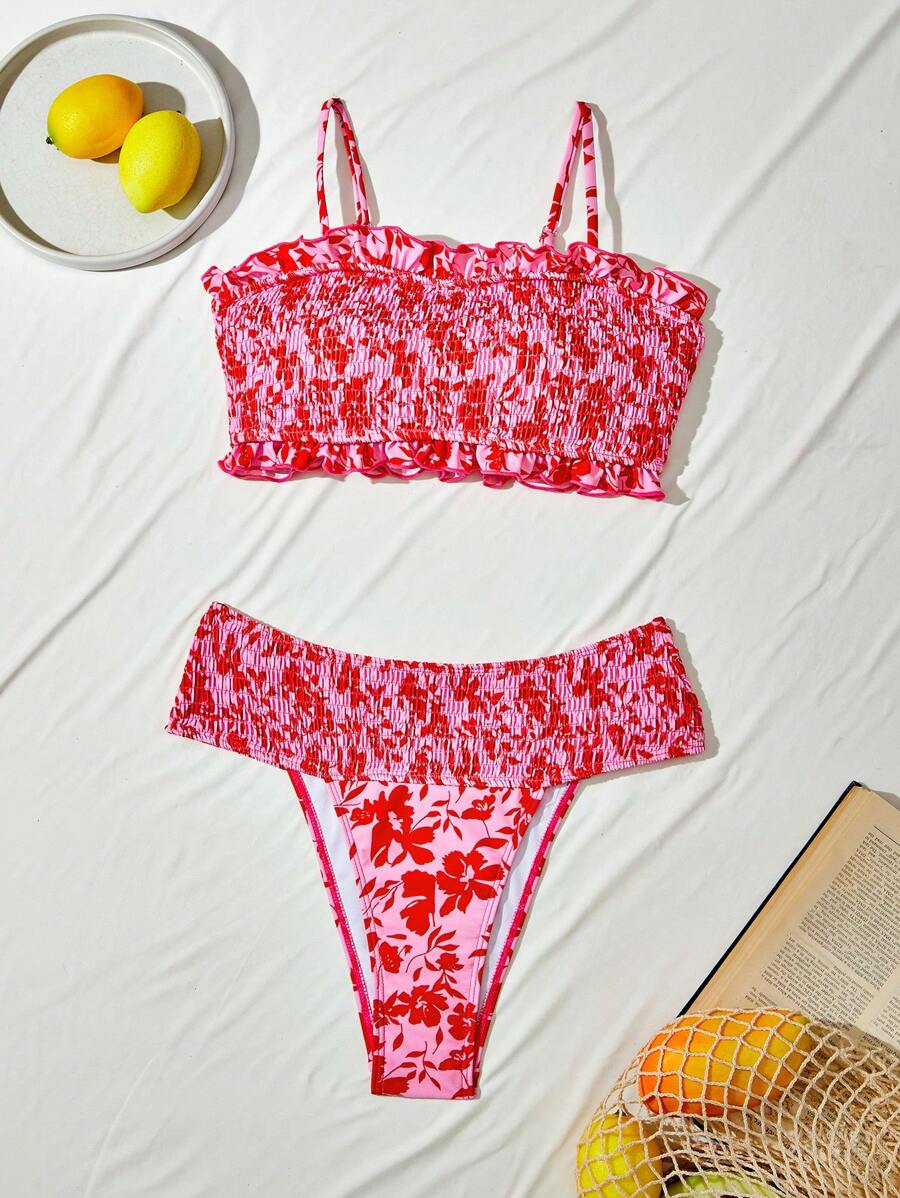 Swim Mod 女士度假海滩植物印花褶皱比基尼套装，适合夏季海滩