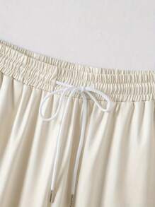 2pcs Men's Summer Casual Outfit Set, Cartoon Print Short Sleeve Round Neck T-Shirt And Solid Color Drawstring Shorts With Pockets - Apricot - View 4