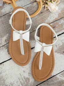 Sandalias planas blancas para mujer con perlas, piedras brillantes, estilo juvenil, punta abierta, sexy y ligeras, decoradas con lazo, adecuadas para fiestas y playas - Multicolor - Ver 4