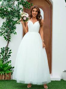 深 V 领缎面褶皱吊带连衣裙，网眼撞色，婚纱白色优雅新娘礼服 - 白色 - 查看 5