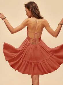 Bohemela Jednokolorowa sukienka z dekoltem typu halter, bez pleców, z marszczonym brzegiem i wiązaniem na plecach, idealna na letnie wakacje