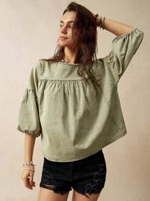 Bohemela Relaxed Vacation Green Women's Puff Sleeve Shirt - Army Green - View 7