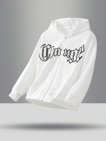 SHEIN Tween Boys Extended Size Casual Letter Pattern Zipper Hooded Fleece Sweatshirt