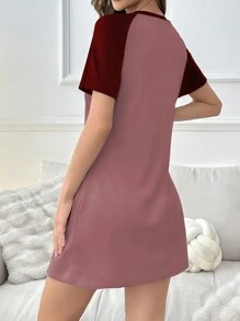 Vestido pijama de manga corta con bloqueo de color y estampado de letras, vestido de dormir de verano