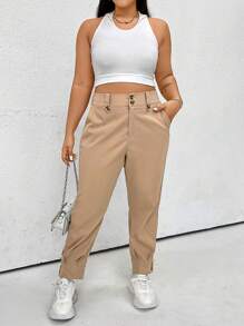 Flirla Plus Size Women's Solid Color Simple Daily Casual Pants Fall Cloth For Women - Apricot - View 4