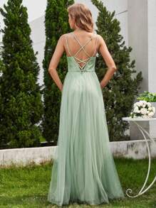 EVERPRETTY Sequin Contrast Mesh Backless Bridesmaid Dress - Mint Green - View 2