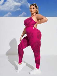 Gameset SHEIN Sport Plus Size Women's Printed Gym Tank Top And Leggings Workout Set - Hot Pink - View 2