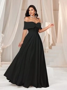 SHEIN Belle 優雅浪漫的雪紡露肩禮服婚紗 - 黑色 - 查看 4