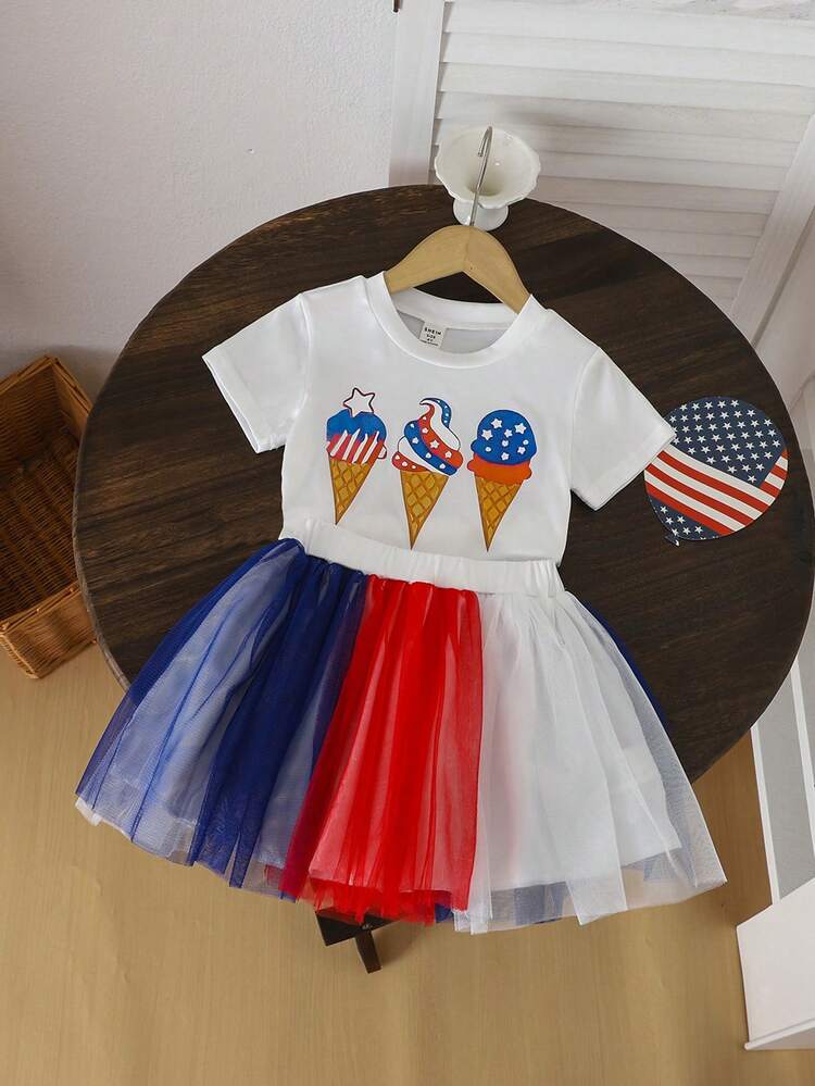Girls' Casual Short Sleeve Printed T-Shirt + Multicolored Mesh Skirt 2pcs/Set
