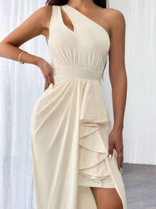 SHEIN Privé Women Elegant White Summer Seductive Party One-Shoulder Hollow Out Ruched Ruffle Overlay Dress,Elegant Commuter Casual Work Business Office Dresses - Apricot - View 8