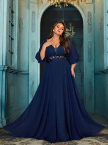 QOQ 简约优雅大码女式海军蓝雪纺面料灯笼袖 V 领礼服连衣裙 - 藏蓝色 - 查看 1