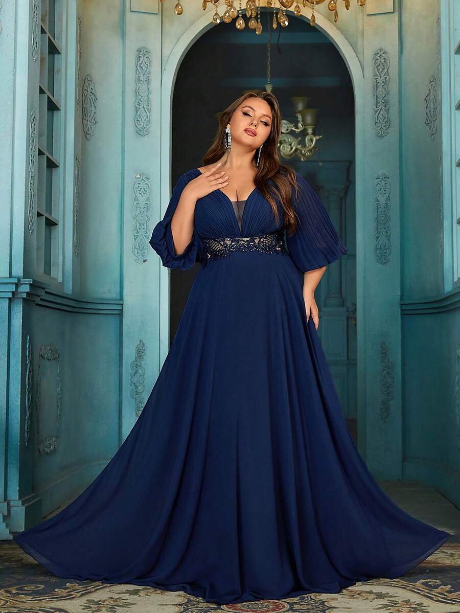 QOQ 简约优雅大码女式海军蓝雪纺面料灯笼袖 V 领礼服连衣裙 - 藏蓝色 - 查看 1