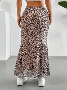SHEIN EZwear Falda larga de mujer con dobladillo de sirena y estampado de leopardo en malla - Multicolor - Ver 2