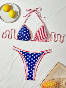 SHEIN Swim 女式夏季沙灘美國國旗印花領繩帶性感比基尼套裝 - 彩色 - 查看 1