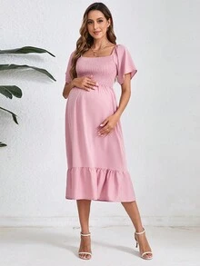 Maternity Summer Fashion Solid Color Off-Shoulder Dress - Pink - View 3