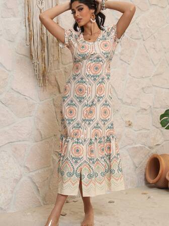 女士短袖圆领连衣裙，优雅时尚，夏季