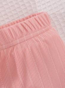 Girls' Pink Solid Color Snug Fit Short Sleeve T-Shirt And Shorts Set, Home Clothes