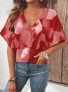 SHEIN LUNE Sommerliches Freizeithemd mit Knopf-Details und Kontrastfarben am V-Ausschnitt