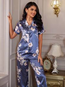 Bắt chước Lụa In hoa Bộ mặc nhà Với Cổ bẻ - Màu xanh hải quân - Xem 6