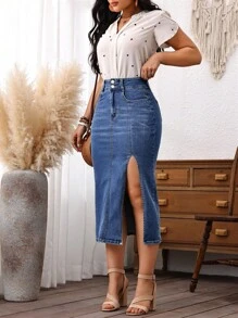 EMERY ROSE Ladies' Long Elegant Denim Skirt With Side Slit And Pockets - Blue - View 3