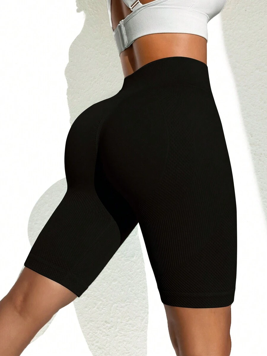 Easithlete Shorts de sport stretch sans couture et à taille haute pour femme avec contrôle du ventre - Noir - Voir 1