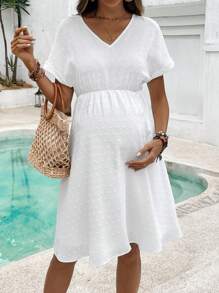 SHEIN Pregnant Women Solid Color Simple Casual Short Sleeve Dress For Maternity