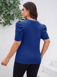 SHEIN Clasi Plus Size Women's Summer Round Neck Metallic Button Decor Short Puff Sleeve Slim Fit T-Shirt - Royal Blue - View 2