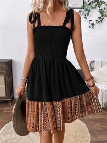 Breezaya Contrast Color Spliced Shirred Dress With A Tie