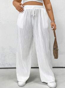 Flirla Plus Size Solid Color Casual Knitted Striped Texture Pants Fall Cloth For Women