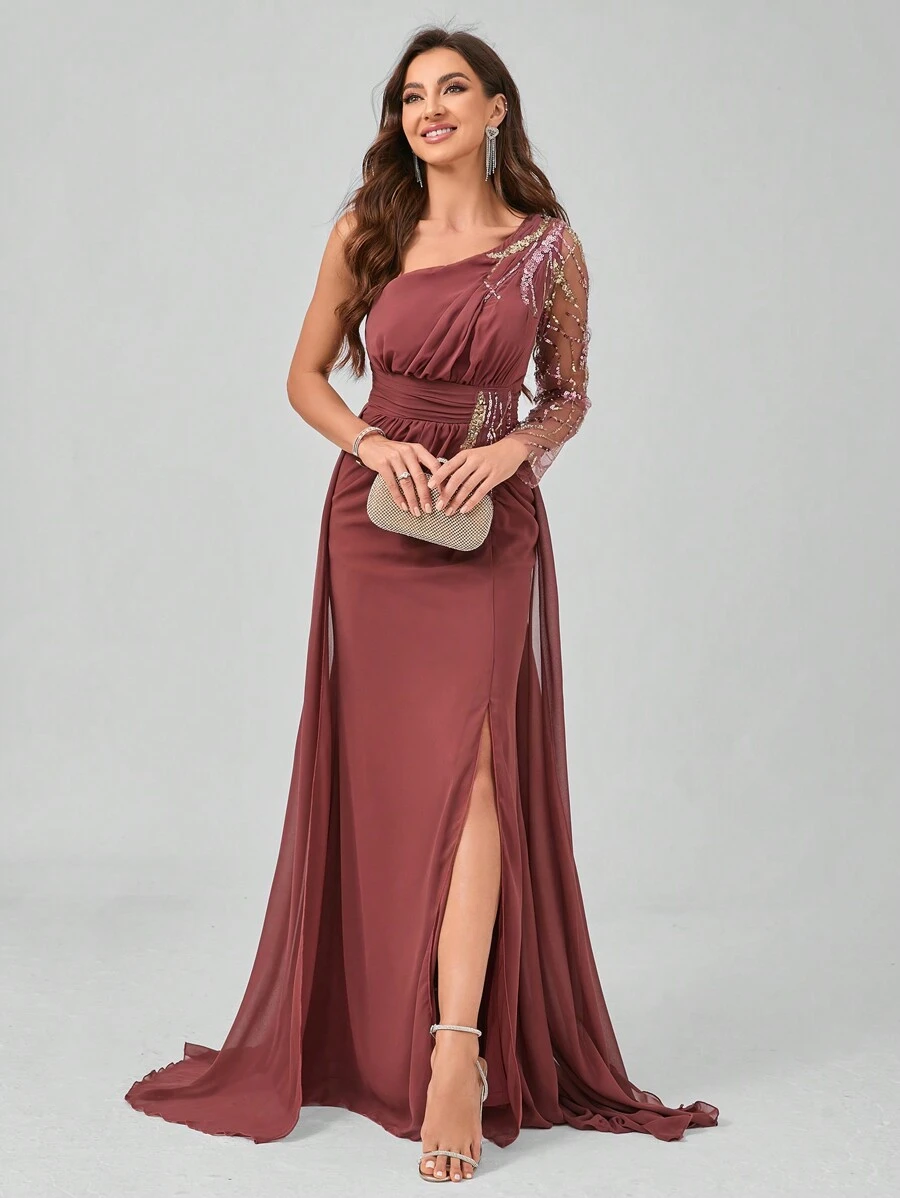 女士正式晚会礼服（厚重款式）优雅长袖舞会婚礼宾客礼服，适合毕业典礼、晚宴