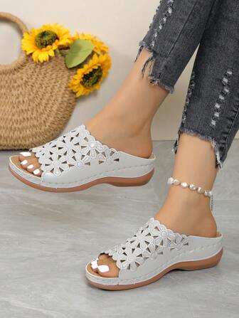 Summer Lightweight & Comfortable Embroidered Mules Women's Slip-On Sandals, Sewn Casual Comfortable Wedge Heel Thick-Soled Open Toe Shoes (Polyurethane Soles With Small Ventilation Holes)