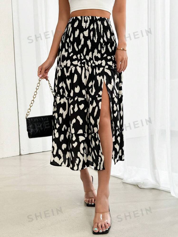 SHEIN Relaxiva Women s Leopard Print Shirred Style Side Slit Long Elegant Skirt SHEIN EUQS