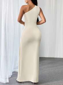 SHEIN Privé Women Elegant White Summer Seductive Party One-Shoulder Hollow Out Ruched Ruffle Overlay Dress,Elegant Commuter Casual Work Business Office Dresses - Apricot - View 2