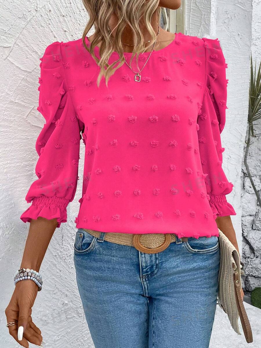 EMERY ROSE Camisa casual de vacaciones para mujer de unicolor con mangas abullonadas, parte superior de manga tres cuartos