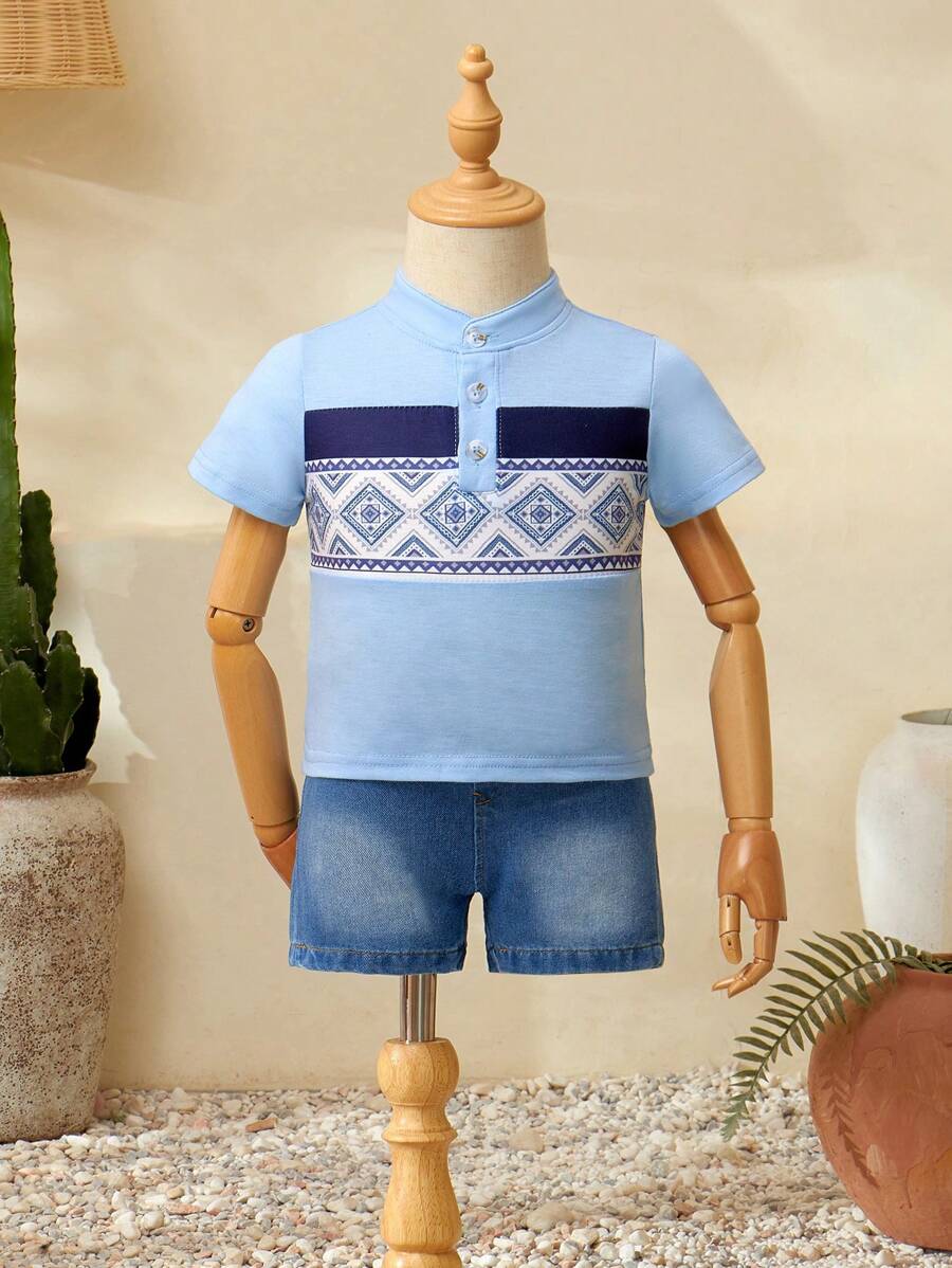 2pcs Spring/Summer Style Baby Boys Eid Mubarak Blue Diamond Printed Top And Washed Denim Shorts Fashionable Baby Boys Outfits - Blue - View 1