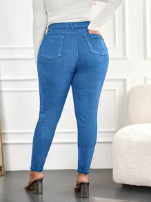SHEIN Cottnline Women's Plus Size Slim Fit Jeans - Blue - View 2
