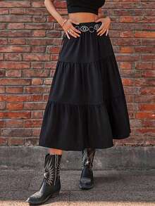 Women's Black Layered Ruffle Hem Skirt - Black - View 7