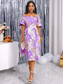 Vestido De Línea A Sexy Con Hombros Descubiertos Y Estampado Floral Jacquard - Morado - Ver 5